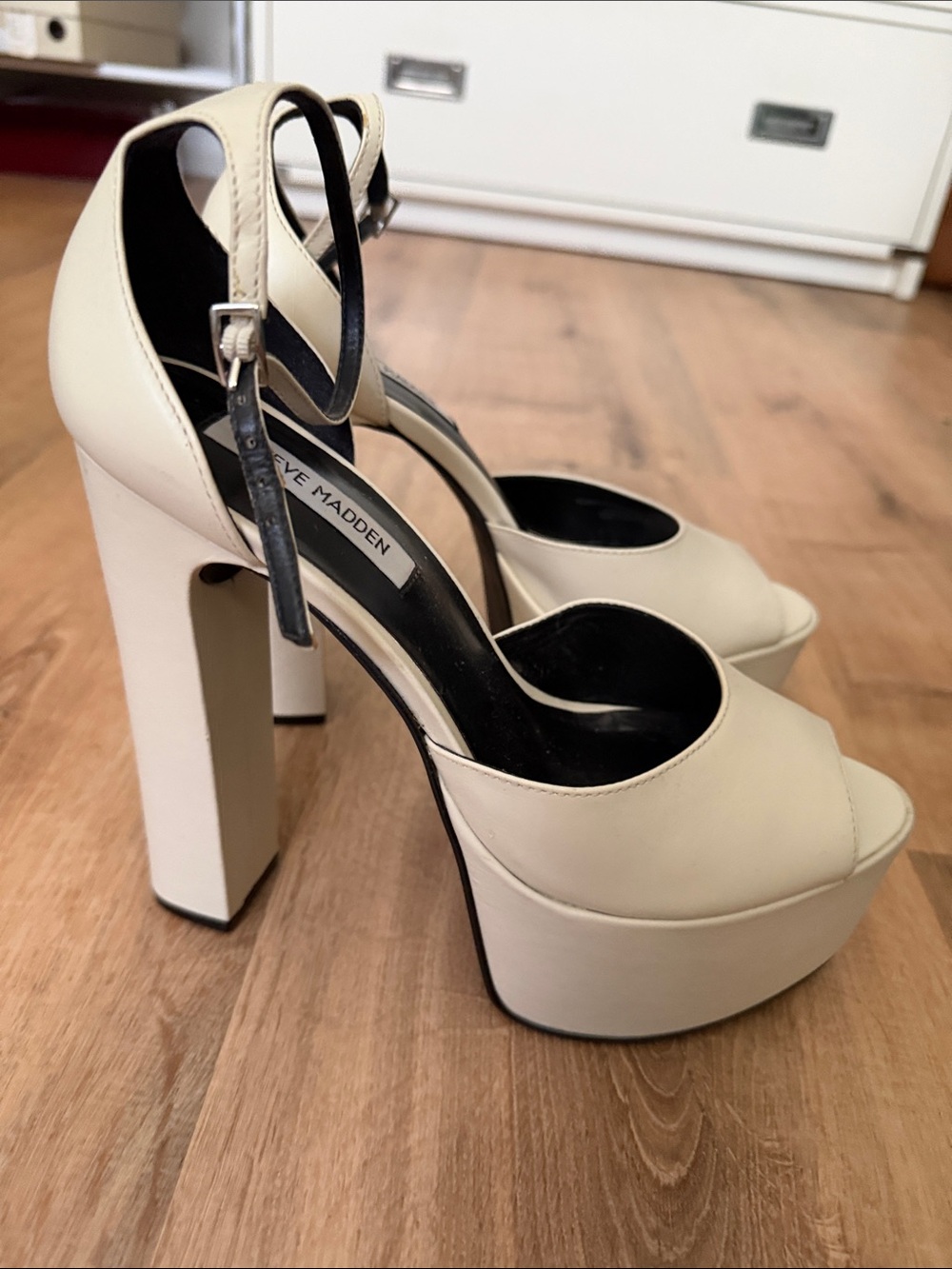 Steve Madden Cream Platform Peep-Toe Block Heels with Ankle Strap
